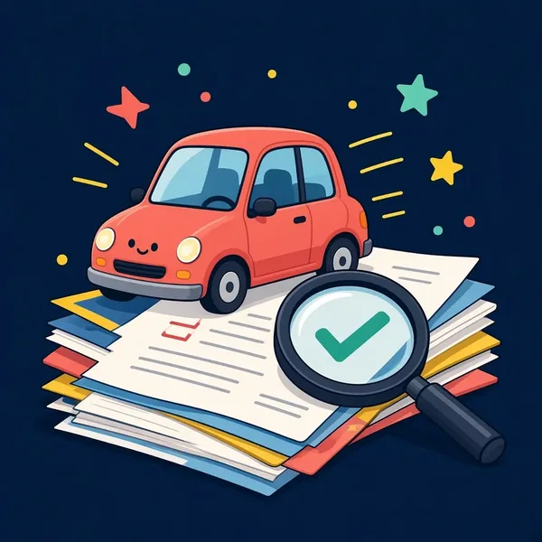 Een lachende rode auto op een stapel documenten met een vergrootglas met een vinkje.